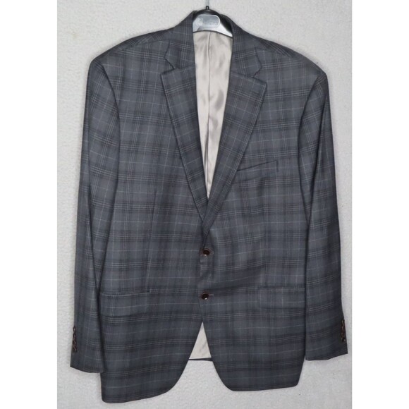 Hart Schaffner & Marx Sport Coat Men 48R Dark Gray Plaid Two Button Wool Classic - Picture 1 of 14